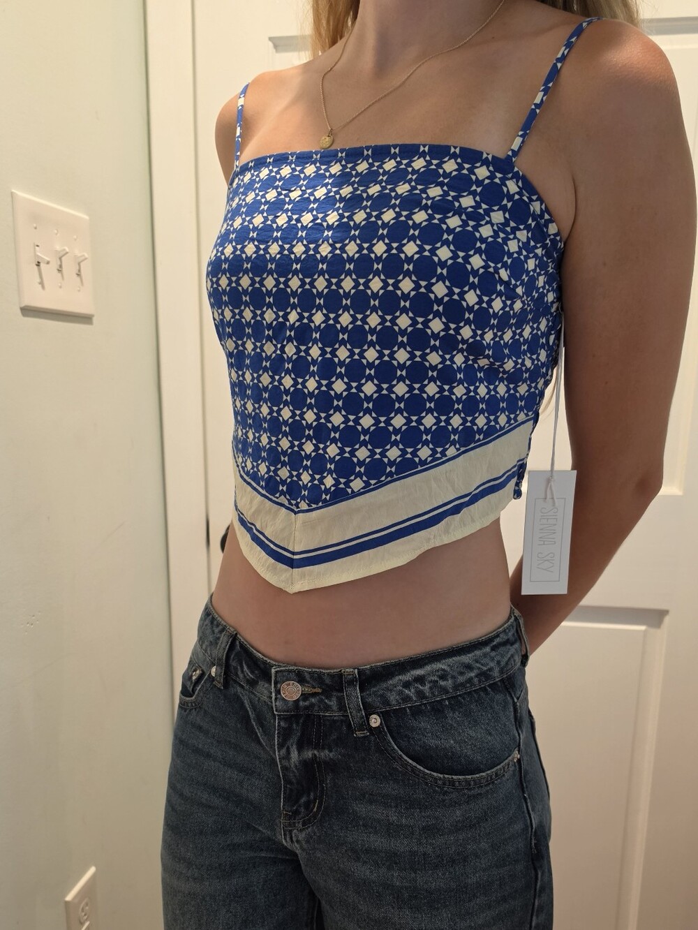 Sienna Sky Blue and Cream Bandana-Print Crop Top